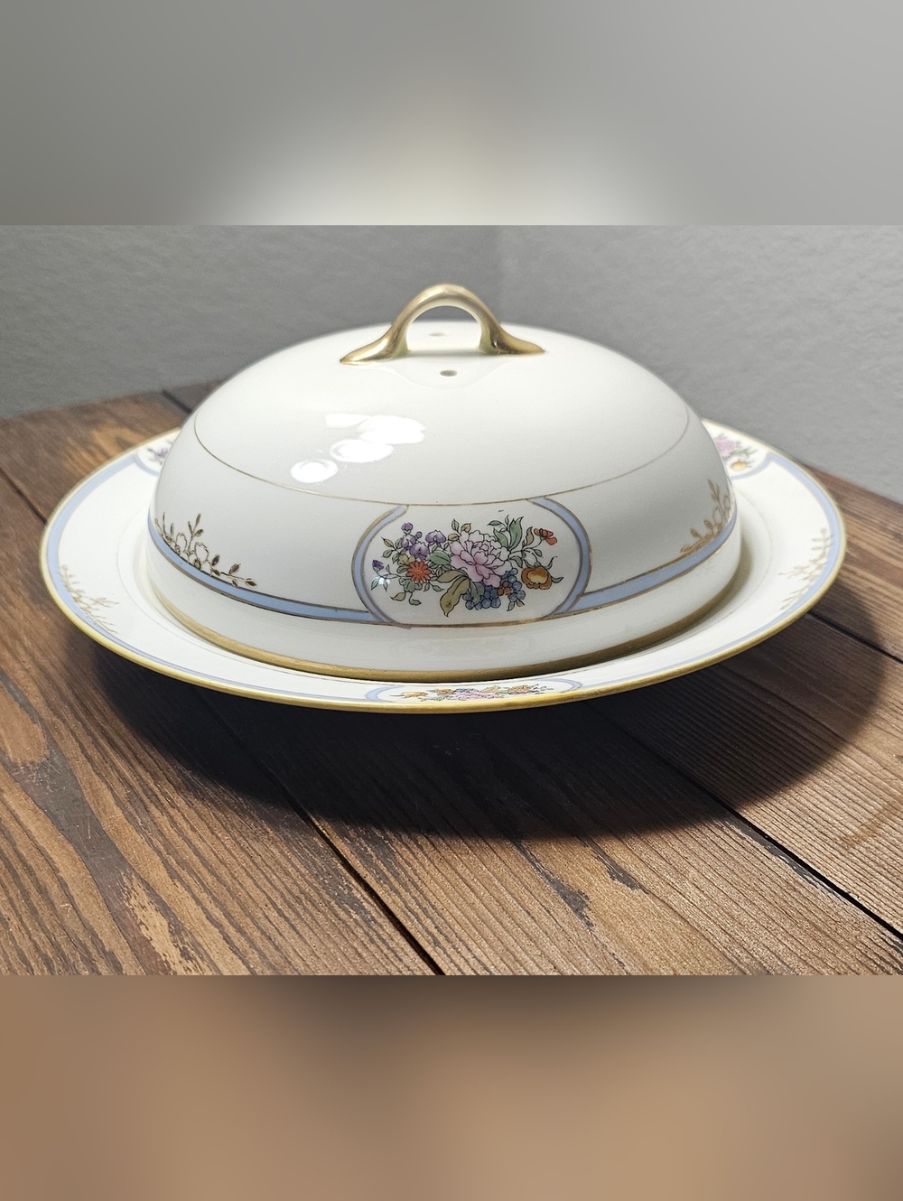 Vintage Covered Serving Platter Floral Blue Gold Trim Porcelain
